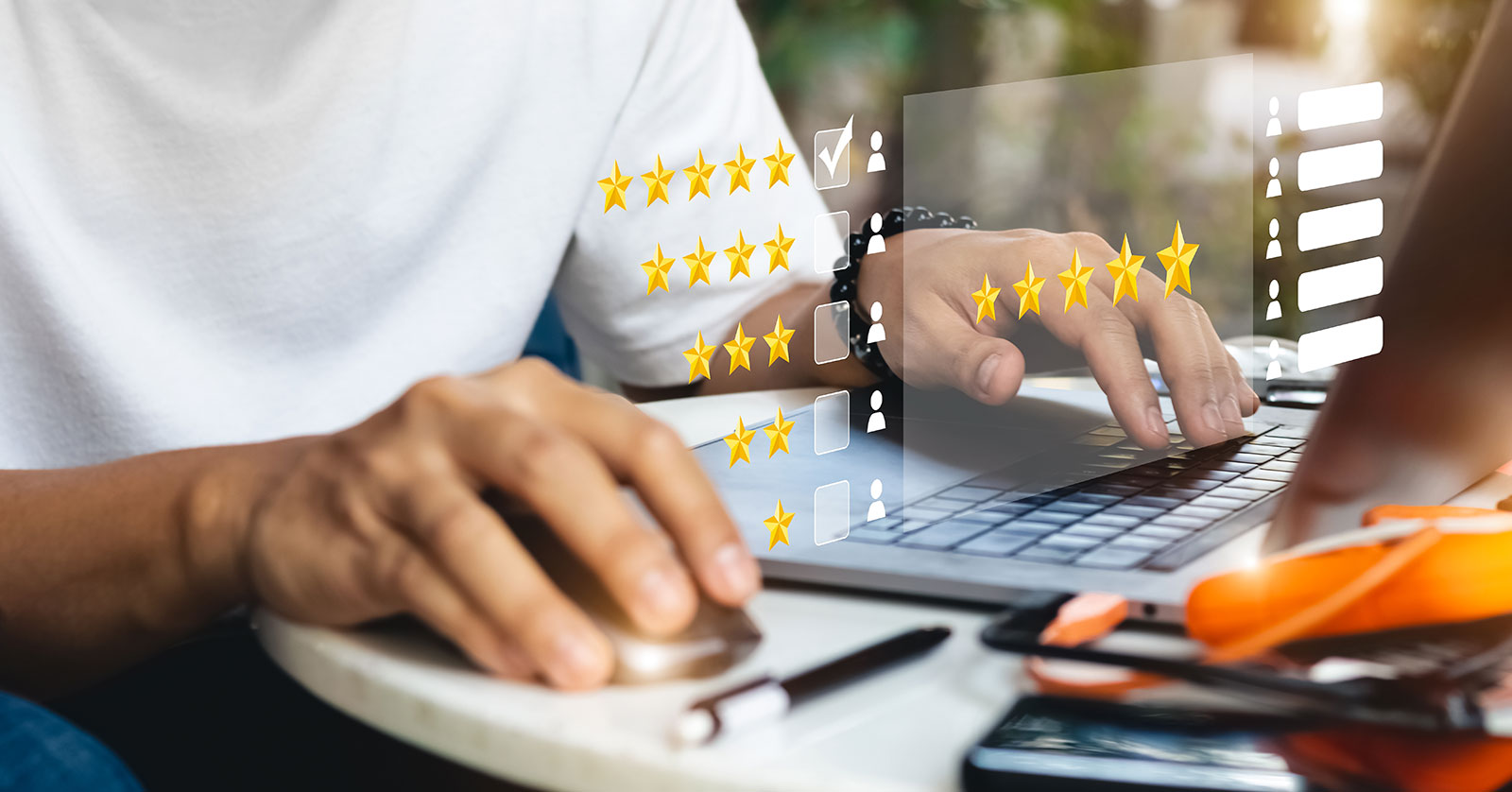 Logbook Lenders in London, with Ratings. Customer giving a service rating on an online app, representing reviews and satisfaction feedback.